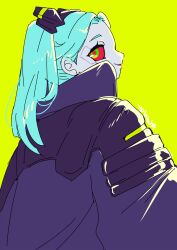 1girl aqua_eyes black_jacket colored_sclera cowboy_shot cyberpunk_(series) cyberpunk_edgerunners cyborg ewoageruyobemo green_eyes highres jacket joints long_hair looking_at_viewer looking_back neck_tattoo rebecca_(cyberpunk) red_sclera samurai_jacket_(cyberpunk) shiny_skin signature simple_background smile solo tattoo