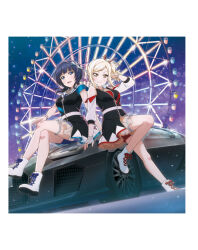 2girls artbook asaka_karin blonde_hair blue_eyes boots breasts car crossed_legs dress highres jewelry looking_at_viewer love_live! love_live!_nijigasaki_high_school_idol_club medium_hair miyashita_ai mole motor_vehicle multiple_girls multiple_moles necklace night non-web_source official_art purple_hair sitting sky smile star_(sky) swept_bangs twintails yellow_eyes