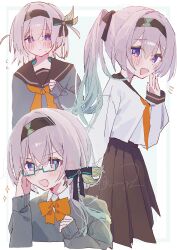 1girl absurdres black_hairband black_sailor_collar blue_pupils blush firefly_(honkai:_star_rail) flying_sweatdrops gradient_hair hair_ornament hair_ribbon hairband highres hinay_2 honkai:_star_rail honkai_(series) long_hair multicolored_eyes multicolored_hair neckerchief open_mouth orange_neckerchief pleated_skirt ribbon sailor_collar shirt short_hair signature skirt smile sparkle star_(symbol) twitter_username white_shirt