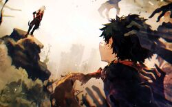 2boys bakugou_katsuki bare_shoulders blonde_hair boku_no_hero_academia boots cityscape commentary english_commentary freckles hand_on_own_hip highres knee_pads male_focus midoriya_izuku multiple_boys pants ryo_(piggerworld) scarf short_hair standing superhero_costume torn_clothes torn_scarf v-neck