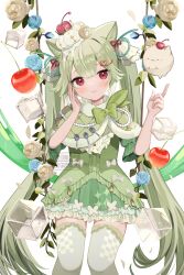1girl animal_ears blue_eyes blush capelet cat_ears cherry commentary_request dress flower food food_on_head fruit fur-trimmed_capelet fur_trim goma_(u_p) green_capelet green_dress green_eyes green_thighhighs hand_on_own_cheek hand_on_own_face hand_up highres ice ice_cream_on_head ice_cube invisible_chair long_hair looking_at_viewer object_on_head original red_eyes rose simple_background sitting smile solo thighhighs twintails very_long_hair watermark white_background white_flower white_rose