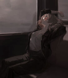 1girl absurdres alternate_costume arm_behind_head arm_up black_jacket black_pants breasts camisole car_interior collarbone commentary_request drill_hair feet_out_of_frame highres jacket medium_breasts open_clothes open_jacket orange_hair pants parted_lips red-tinted_eyewear round_eyewear sawararado short_hair sitting solo sunglasses tinted_eyewear touhou twin_drills white_camisole window yorigami_jo&#039;on
