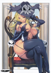 10s 1girl :p absurdres adjusting_clothes adjusting_headwear ass barefoot black_cloak black_panties black_thighhighs blonde_hair breasts chair cloak column crossed_legs crotch elbow_gloves feet female_focus garter_straps gloves grabbing_own_breast hat highres homare_(fool&#039;s_art) huge_ass huge_breasts huge_filesize knees_up legs leotard linea_alba long_hair mole mole_under_mouth page_number panties panties_peek pillar pink_eyes seductive_smile senran_kagura shiki_(senran_kagura) simple_background sitting skin_tight skindentation skull smile solo striped_clothes striped_gloves teasing thick_thighs thighhighs thighs toned_stomach tongue tongue_out underwear wide_brim wide_hips witch_hat