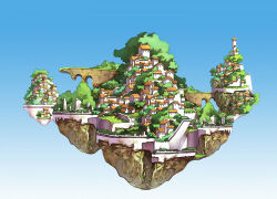 Rule 34 | building, floating island, gradient background, house, in-universe location, lighthouse, little tail bronx, no humans, official art, scenery, shepherd republic, solatorobo, tanimeso, third-party source, town, tree