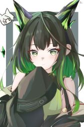2girls arknights bare_shoulders black_coat black_hair blush breasts chibi clothes_pull coat dress expressionless gradient_hair green_dress green_eyes green_hair hair_between_eyes hand_up highres jacket jacket_pull kal&#039;tsit_(arknights) long_hair long_sleeves looking_at_viewer medium_breasts mon3tr_(arknights) multicolored_hair multiple_girls off_shoulder open_clothes open_coat solo_focus two-tone_hair upper_body zerosama_(sailuojiang)