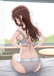 1girl absurdres adjusting_bra adjusting_clothes ass bed_sheet blush bra brown_eyes brown_hair closed_mouth commentary_request from_behind grey_panties grey_sports_bra highres idolmaster idolmaster_shiny_colors long_hair looking_at_viewer looking_back messy_hair on_bed panties sitting smile solo sonoda_chiyoko sports_bra sulgi_park underwear