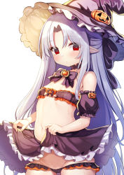 1girl bandeau black_hat black_panties black_skirt blush bow breasts clothes_lift female_focus frilled_panties frills grey_background grey_hair groin hair_bow halloween hat highres len_(tsukihime) lifting_own_clothes loli long_hair looking_at_viewer lowleg lowleg_panties melty_blood navel panties pointy_ears red_eyes ribbon simple_background skirt skirt_lift small_breasts solo standing sweat thighs tsukihime underwear upper_body very_long_hair witch_hat yako