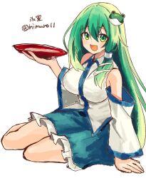Rule 34 | 1girl, :d, alcohol, bare shoulders, blue skirt, blush, breasts, collared shirt, cup, detached sleeves, dot nose, double-parted bangs, frilled skirt, frills, frog hair ornament, green eyes, green hair, hair intakes, hair ornament, hair tubes, highres, himuro (himuro11), huge breasts, kochiya sanae, long hair, long sleeves, looking at viewer, open mouth, sakazuki, sake, shirt, signature, simple background, single hair tube, single sidelock, sitting, skirt, skirt set, sleeveless, sleeveless shirt, smile, snake hair ornament, solo, touhou, twitter username, very long hair, white background, wide sleeves, wing collar