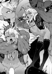 1boy 1girl ^^^ ahegao asphyxiation bad_id bad_twitter_id blush bra censored chloe_von_einzbern choke_hold hanging_legs dark-skinned_female dark-skinned_male dark_skin dashed_eyes deepthroat fate/kaleid_liner_prisma_illya fate_(series) fellatio fingerless_gloves fur-trimmed_jacket fur_trim gloves greyscale half-closed_eyes hetero highres jacket loli manly monochrome muscular nipples open_clothes open_jacket open_mouth oral penis petite rolling_eyes sex sex_from_behind stomach_tattoo strangling suspended_congress tasaka_shinnosuke tattoo thighhighs tongue tongue_out underwear