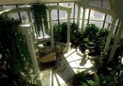 1girl absurdres architecture chair colonnade column conservatory dress elf fountain frieren glass greco-roman_architecture grey_dress highres indoors pillar plant pointy_ears scenery shadow solo sousou_no_frieren squatting sunlight table takoyoomi twintails vines white_hair window