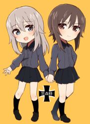 Rule 34 | 2girls, black footwear, black skirt, black socks, blue eyes, blush, brown eyes, brown hair, chibi, cross, emblem, girls und panzer, grey hair, grey shirt, highres, holding hands, iron cross, itsumi erika, kneehighs, kuromorimine (emblem), kuromorimine school uniform, long hair, miniskirt, multiple girls, nishizumi maho, school uniform, shirt, short hair, skirt, socks, sorimachi-doufu, yellow background, yuri