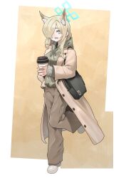 1girl absurdres alternate_costume animal_ears black_bag blonde_hair blue_archive blue_eyes blue_halo border brown_background brown_coat brown_pants casual coat cup disposable_coffee_cup disposable_cup dog_ears fangs green_hoodie hair_over_one_eye halo highres holding holding_cup hood hoodie jeongdang_geolae kanna_(blue_archive) long_hair looking_at_viewer open_clothes open_coat open_mouth pants shoes solo standing standing_on_one_leg white_border white_shoes