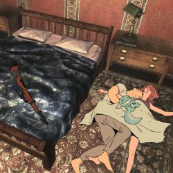1boy 1girl animal bare_arms barefoot black_tank_top blanket brown_hair buzz_cut closed_eyes commentary courier_(fallout:_new_vegas) craig_boone english_commentary faceless faceless_female faceless_male fallout fallout:_new_vegas game_screenshot_background gecko grey_pants grey_shirt gun lying m1_garand milramemo noelle_(milramemo) on_back on_floor on_side pants parted_lips rifle scope screenshot_background shirt short_hair short_sleeves sniper_rifle tank_top very_short_hair weapon