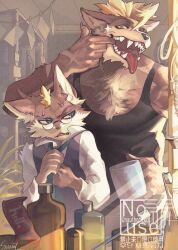 2boys black_tank_top black_vest blonde_hair blue_eyes body_fur brothers brown_fur commentary cowboy_shot cup english_commentary finger_in_own_mouth furry furry_male glasses glint hand_up height_difference highres holding holding_cup indoors looking_at_viewer male_focus mirror mouth_pull mug multiple_boys open_mouth original reflection sammy_(freezingsammy) scar scar_on_arm sharp_teeth shirt short_hair siblings tank_top teeth tongue tongue_out toothbrush toothpaste vest white_shirt wolf_boy yellow_eyes