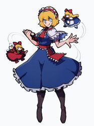 Rule 34 | 3girls, alice margatroid, black boots, blonde hair, blue dress, blue eyes, book, boots, bow, bright pupils, capelet, closed mouth, dress, frilled hairband, frills, full body, hair bow, hairband, holding, holding book, hourai doll, iganashi1, lolita hairband, long hair, looking at viewer, multiple girls, pantyhose, red bow, red hairband, shanghai doll, short hair, short sleeves, simple background, smile, touhou, white background, white capelet, white pupils