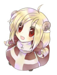 1girl ahoge ark_kan blonde_hair brown_horns commentary_request cross curled_horns dress from_above full_body high_priest_(ragnarok_online) horns juliet_sleeves long_hair long_sleeves lowres open_mouth puffy_sleeves ragnarok_online red_dress red_eyes simple_background smile solo two-tone_dress white_background white_dress