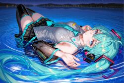 1girl aqua_hair aqua_nails aqua_necktie black_sleeves blue_eyes boots breasts city_lights detached_sleeves grey_shirt hair_ornament hana_no_yumezakura hatsune_miku headphones highres horizon lake long_hair looking_at_viewer lying lying_on_water necktie night on_back outdoors reflection reflective_water see-through_clothes see-through_shirt shirt sky small_breasts star_(sky) starry_sky thigh_boots tie_clip twintails very_long_hair vocaloid water water_drop wet wet_clothes wet_shirt