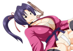 Rule 34 | 1boy, 1girl, :&gt;=, breasts, brown eyes, high ponytail, inu-g, japanese clothes, kimono, kousaka shigure, large breasts, large penis, long mouth, oral, panties, penis, ponytail, purple hair, shijou saikyou no deshi ken&#039;ichi, testicle sucking, testicles, underwear