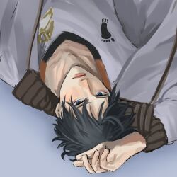 09dawg 1boy absurdres black_hair blue_eyes closed_mouth commentary english_commentary haikyuu!! highres jacket kageyama_tobio male_focus shirt short_hair simple_background solo sportswear track_jacket upside-down volleyball_uniform
