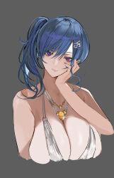 1girl absurdres azur_lane blue_hair blue_nails boxingwanla breasts cowl_neck dress evening_gown grey_background halter_dress halterneck highres large_breasts plunging_neckline purple_eyes silver_dress simple_background solo st._louis_(azur_lane) st._louis_(luxurious_wheels)_(azur_lane) upper_body
