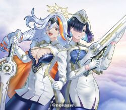 2girls baldr_(fire_emblem_heroes) black_hair bob_cut breasts cleavage commission fire_emblem fire_emblem_heroes garrison_cap gloves gold_trim gun hair_over_one_eye hat highres hodr_(fire_emblem) holding holding_gun holding_sword holding_weapon ko-fi_commission large_breasts long_hair multiple_girls nintendo novasvr orange_streaks pantyhose short_hair siblings single_hair_streak sisters sword weapon white_gloves yellow_eyes