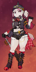 1girl 2025 baseball_bat belt boots crop_top female_focus furry furry_female goonie-san helmet high_heel_boots high_heels highres jacket loli luciana_de_montefio melee_weapon midriff mihoyo navel pink_hair red_eyes shorts solo standing zenless_zone_zero