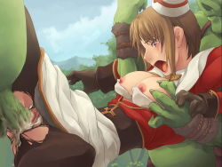 1girl blush breasts brown_hair censored clothed_sex cum cum_in_pussy dark_matrix group_sex monster moonshell open_mouth pantyhose purple_eyes ragnarok_online rape sex short_hair tears torn_clothes torn_legwear vaginal