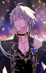 1boy ahoge alternate_costume black_choker black_jacket black_shirt blue_eyes choker commentary_request earphones echo_of_cyu honkai:_star_rail honkai_(series) jacket male_focus parted_lips phainon_(honkai:_star_rail) shirt short_hair smile solo upper_body white_hair