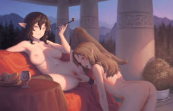 2girls all_fours anus ass bigrbear black_hair black_legwear bread breasts brown_hair censored chalice commentary cunnilingus cup elf english_commentary food has_uncensored_version highres knee_up long_hair looking_at_viewer lying medium_breasts mosaic_censoring mountain multiple_girls navel nipples no_shoes nude on_back open_mouth oral original outdoors parted_lips pillar pointy_ears purple_eyes pussy red_eyes saliva saliva_trail smoking smoking_pipe spread_legs thighhighs tongue tongue_out tree wavy_hair yuri