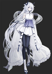 1girl absurdly_long_hair arms_at_sides bare_shoulders black_leggings blue_eyes blue_ribbon blue_sandals breasts closed_mouth colored_eyelashes creatures_(company) detached_sleeves dress female_focus full_body game_freak gen_2_pokemon grey_background hagoromo hair_between_eyes hair_flaps hair_ribbon highres knees_together_feet_apart legendary_pokemon leggings legs long_hair looking_at_viewer lugia merlusa nintendo personification pokemon ribbon ribbon-trimmed_sleeves ribbon_trim sandals sash see-through_clothes shawl short_dress sidelocks simple_background sleeveless sleeveless_dress sleeves_past_fingers sleeves_past_wrists small_breasts socks solo split_mouth standing tabi very_long_hair very_long_sleeves white_dress white_hair white_socks wide_sleeves