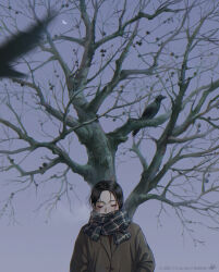 1girl 2022 absurdres arms_at_sides artist_name bare_tree bird black_hair breath brown_coat closed_eyes coat commentary copyright_notice crow day english_commentary eyelashes grey_scarf grey_sky highres original outdoors plaid_clothes plaid_scarf plant plant_focus scarf short_hair signature sky solo standing toti_(lanaq) tree upper_body winter_clothes winter_coat