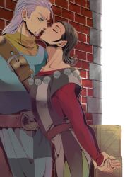 Rule 34 | 2boys, aqua eyes, arms behind back, belt, belt buckle, black hair, blue tabard, brick wall, brown belt, buckle, checkered clothes, closed eyes, collarbone, commentary request, couple, cowboy shot, crate, dragon quest, dragon quest xi, earrings, facial hair, green pants, greig (dq11), grey pants, hair slicked back, hatching (texture), height difference, holding own hand, imminent kiss, jewelry, katori (katokichi), long hair, looking down, male focus, medium hair, multiple boys, pants, parted hair, parted lips, profile, purple facial hair, purple hair, red shirt, shirt, striped clothes, stud earrings, sylvia (dq11), tabard, tunic, white background, yaoi, yellow shirt