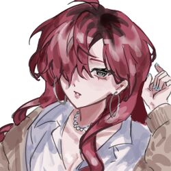 1girl collared_shirt degrees_of_lewdity earrings grey_eyes hair_over_one_eye highres hoop_earrings jewelry lacedwithiso long_hair looking_at_viewer nana_(hyuwrii) necklace player_character_(degrees_of_lewdity) player_character_(female)_(degrees_of_lewdity) portrait red_hair shirt simple_background solo white_background white_shirt