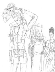 Rule 34 | !, 1girl, 3boys, abs, albert wesker, bad deviantart id, bad id, breasts, capcom, cleavage, collarbone, earrings, excella gionne, fingernails, greyscale, jewelry, lips, monochrome, multiple boys, osmund saddler, pikkoku, ramon salazar, resident evil, resident evil 4, resident evil 5