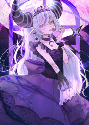 1girl :p absurdres ahoge animal_ears bandaged_arm bandages choker commentary_request detached_sleeves dress highres hololive horns la+_darknesss long_hair looking_at_viewer multicolored_hair nemuta_muu pointy_ears purple_dress purple_hair purple_nails solo tail tiara tongue tongue_out two-tone_hair virtual_youtuber white_hair yellow_eyes