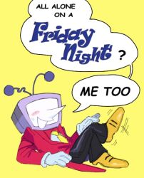 1boy alone_on_a_friday_night?_(meme) ant_tenna black_pants blush commentary crossed_legs daxturii deltarune english_commentary english_text gloves hand_on_own_knee highres jacket lying male_focus meme necktie object_head on_back pants pointy_nose red_jacket shoes small_sweatdrop smile solo speech_bubble tailcoat white_gloves yellow_background yellow_necktie yellow_shoes