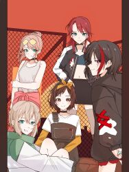 5girls afterglow_(bang_dream!) aoba_moca bang_dream! black_choker black_hair black_hoodie black_jacket black_skirt blue_eyes brown_eyes brown_hair brown_overalls choker clothes_around_waist commentary_request eyewear_on_head fence grey_hair grey_thighhighs hair_between_eyes hair_ribbon hazawa_tsugumi highres holding holding_plectrum hood hood_down hoodie jacket jacket_around_waist layered_sleeves long_hair long_sleeves midriff mitake_ran multiple_girls nanami_(nunnun_0410) navel open_clothes open_jacket open_mouth orange_ribbon orange_shirt overalls pink_hair pink_jacket plectrum purple_eyes red_hair red_streaks ribbon shirt short_over_long_sleeves short_sleeves skirt smile tank_top thighhighs udagawa_tomoe uehara_himari white_shirt white_tank_top