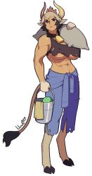 Rule 34 | 1girl, 2017, absurdres, animal ears, bell, black sports bra, blue overalls, blush, breasts, bucket, cara (monster musume), cleavage, commentary, cow ears, cow girl, cow horns, cow tail, cowbell, english commentary, full body, gloves, grey hair, highres, holding, holding bucket, holding sack, hooves, horns, huge breasts, lilirulu, looking at viewer, monster musume no iru nichijou, multicolored hair, neck bell, overalls, sack, simple background, solo, sports bra, tail, tied overalls, torn clothes, torn sports bra, two-tone hair, underboob, white background, white gloves