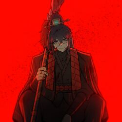 1boy backlighting black_coat black_hair black_robe blood blood_on_face closed_mouth coat cosplay guan_dao half_updo highres holding holding_polearm holding_weapon hong_lu_(project_moon) jia_qiu_(project_moon) jia_qiu_(project_moon)_(cosplay) limbus_company long_hair looking_at_viewer male_focus misg1111 ofuda polearm project_moon red_background red_rope robe rope simple_background smile solo very_long_hair weapon wrist_wrap