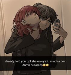 2girls ari_(class_of_09) blue_eyes blush brown_hair bugs_bug_me class_of_09 closed_mouth english_text half-closed_eyes highres holding holding_phone medium_hair multiple_girls nicole_(class_of_09) parted_lips phone red_hair throat_grab yuri