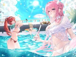 3girls bikini blonde_hair blue_sky breasts clothes_lift dorothy_(nikke) dorothy_(serendipity)_(nikke) elegg_(boom_and_shock)_(nikke) elegg_(nikke) frilled_bikini frills goddess_of_victory:_nikke hair_over_eyes highres large_breasts lifting_own_clothes long_hair looking_ahead multiple_girls navel official_alternate_costume outdoors parasol pink_hair ponytail pool purple_eyes rapi_(nikke) rapi_(red_hood)_(red_flavor)_(nikke) red_bikini red_hair sakael shirt_lift short_hair side-tie_bikini_bottom sky slingshot_swimsuit swimsuit thighs umbrella white_bikini yellow_slingshot_swimsuit