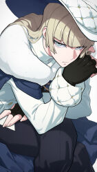 1boy aiguillette bishounen black_gloves black_pants blonde_hair blue_cape blue_eyes blunt_bangs buttons cape closed_mouth commission crossed_legs elbow_rest expressionless feet_out_of_frame fingerless_gloves fur-trimmed_cape fur_trim gloves hand_on_own_thigh hat hata4564 head_on_hand highres jacket leaning_forward long_hair male_focus original padded_hat padded_sleeves pants sanpaku shirt simple_background sitting skeb_commission sleeve_cuffs solo tilted_headwear turtleneck two-sided_fabric two-sided_headwear white_background white_hat white_jacket white_shirt witch_hat