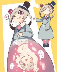 2girls :p ascot blush_stickers breasts bright_pupils closed_eyes clothed_female_nude_female commission dress female_focus grey_dress hair_flaps hat heart highres inside_creature looking_at_viewer mini_hat monster_girl multiple_girls nipples nude open_mouth original pink_ascot purple_eyes sakamoto_ahiru small_breasts smile spoken_heart standing tongue tongue_out top_hat vore white_pupils