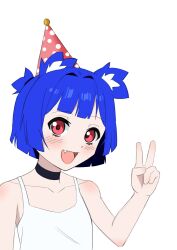 1girl :d absurdres animal_ear_fluff animal_ears anniversary arm_at_side arm_up bare_shoulders bear_ears birthday blue_hair blunt_bangs blunt_ends blunt_sidelocks blush bob_cut center-flap_bangs collarbone commentary dot_nose double-parted_bangs dress english_commentary fang flat_chest gift_art go!_go!_gris! grin gris_(go!_go!_gris!) hair_intakes half_updo happy hat head_tilt highres kanonon_on long_eyelashes looking_at_viewer looking_to_the_side open_mouth party_hat pink_eyes pink_hat polka_dot_headwear ponytail raised_eyebrows red_eyes short_hair short_ponytail shoulder_blush sidelocks simple_background sleeveless sleeveless_dress smile solo striped_blush thick_eyelashes two-tone_hat upper_body v white_background white_dress white_hat white_polka_dots wide-eyed