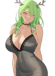 1girl 6xjuicer antler_ribbon antlers bare_shoulders black_nightgown braid braided_bangs branch breasts ceres_fauna cleavage collarbone covered_navel flower green_hair hair_between_eyes hair_branch hair_flower hair_ornament highres holocouncil hololive hololive_english horns large_breasts long_hair looking_at_viewer mole mole_under_eye navel nightgown planet_hair_ornament simple_background smile solo standing tree_horns virtual_youtuber white_background yellow_eyes