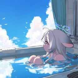 1girl ahoge animal_ears bathing bathtub biluoyao blue_archive blue_halo blue_sky brown_eyes curtains from_side grey_hair halo highres indoors knees_up kokona_(blue_archive) loli long_hair looking_outside nude sitting sky solo tiger_ears wet window