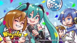 1girl 2girls aqua_background aqua_hair aqua_nails aqua_necktie aqua_pupils aqua_trim black_sleeves blue_eyes blue_nails blue_pupils blue_scarf blurry blurry_foreground bob_cut bracelet closed_eyes coat collar collared_shirt commentary company_name confetti copyright_name copyright_notice detached_sleeves disco_ball double-parted_bangs english_commentary english_text eyelashes flat_chest gradient_background gumchi gungho hair_between_eyes hair_ornament hand_on_another&#039;s_shoulder happy hatsune_miku highres holding holding_microphone instrument instrument_request jewelry kaito_(vocaloid) kaito_(vocaloid3) logo long_hair long_sleeves looking_at_viewer medium_hair meiko_(vocaloid) meiko_(vocaloid3) microphone midriff multiple_girls necktie ninjala number_tattoo official_art open_mouth outline purple_outline red_collar red_vest rianti-wong scarf second-party_source shirt short_hair shoulder_tattoo shuriken sidelocks sleeveless sleeveless_shirt smile table tattoo teeth tie_clip tongue twintails upper_teeth_only very_long_hair vest vocaloid weapon white_coat white_sleeves wing_collar