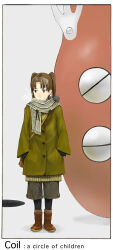1girl amasawa_yuuko black_hair boots border breath brown_footwear coat dennou_coil eyewear_on_head green_coat grey_pants hasunemachi highres long_sleeves mojo_(dennou_coil) pants scarf searchmaton_(dennou_coil) shadow sweater twintails white_background white_border