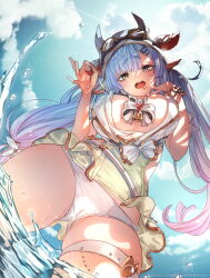 Rule 34 | 1girl, animal ears, animal print, bell, blue eyes, breasts, catura (granblue fantasy), catura (holiday) (granblue fantasy), cow ears, cow girl, cow horns, cow print, cow tail, draph, ear piercing, from below, granblue fantasy, highres, horns, kamizuki shiki, large breasts, looking at viewer, neck bell, piercing, tail, twintails