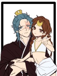 1boy 1girl aged_down arba_(magi) black_border blue_eyes blue_hair border braid brown_eyes child chinese_clothes crescent crescent_hair_ornament crop_top crossed_arms hair_ornament hanfu heterochromia highres long_hair low_twin_braids magi_the_labyrinth_of_magic medium_hair midriff mole mole_under_mouth mother_and_son navel ren_hakuryuu scar scar_across_eye scar_on_face simple_background skirt sweatdrop twin_braids white_background xiao_guan_(headdress) yosioppo